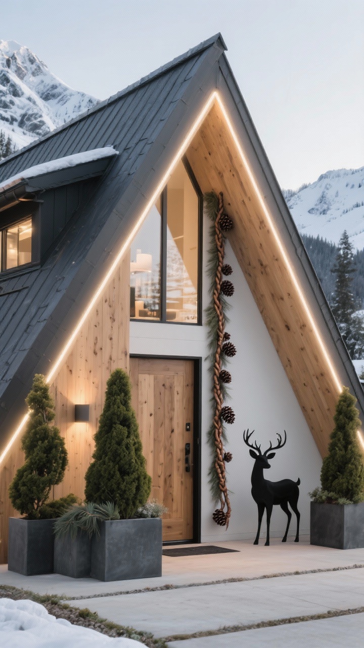 Angular wide shot of an alpine A-frame or mid-century exterior: sharp rooflines precisely outlined in warm-white LEDs, triangular topiary forms echoing the architecture, raw wood accents and charcoal-gray planters at the entry, a long vertical swag trailing beside the door with pinecones and leather cord, and matte black deer silhouette sculptures for a clean alpine vibe.