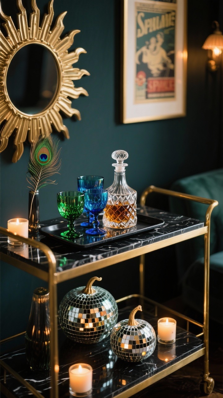 Closeup detail: An Art-Deco cocktail nook vignette on a black-and-brass bar cart with a black marble tray, jewel-toned glassware, a cut-crystal decanter, and mirrored mosaic pumpkins reflecting candlelight like mini disco balls; a sunburst mirror and a framed vintage poster softly blurred in background; palette of emerald, sapphire, black, and brass; low unscented votive candles amplifying reflections; a single peacock feather in a slim vase; moody speakeasy lighting, photorealistic.