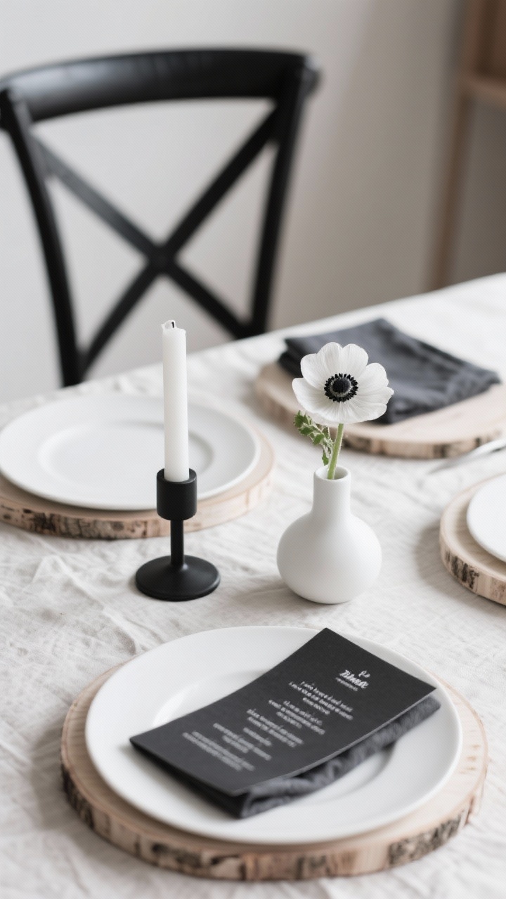 Closeup detail shot capturing Scandinavian minimalism textures: natural linen tablecloth, matte white plates on light birch chargers; a simple line composition featuring a white ceramic bud vase holding a single anemone; low black metal candleholder with a white taper creating stark, sculptural contrast. Black wishbone chair with paper cord seat partially visible, charcoal linen napkin folded in a clean rectangle, minimalist black-and-white menu card. Soft diffused daylight, disciplined palette of linen, birch, black, white; negative space emphasized, photorealistic.