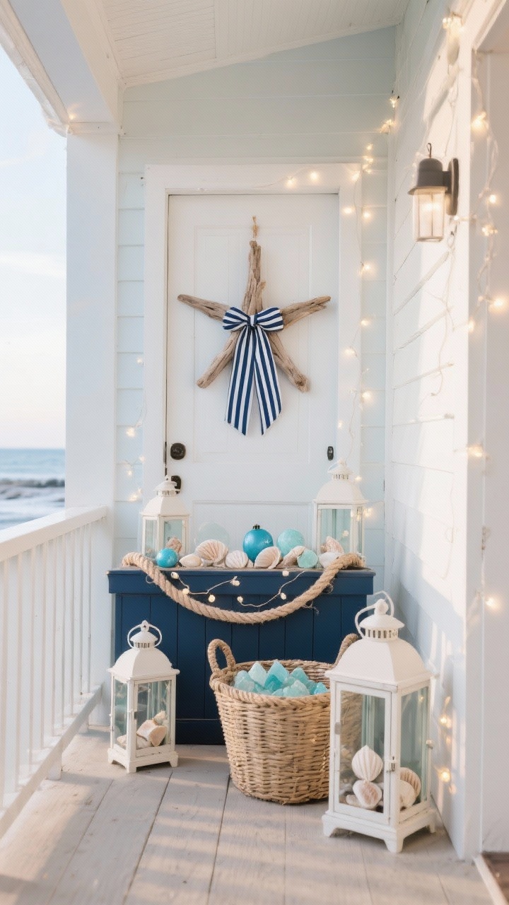 Coastal porch medium shot: a driftwood star hung on the door, paired with navy-and-white striped ribbon; rope accents wrapped around planter rims; lanterns filled with shells and fairy lights emitting soft glow; a wicker basket with pale sea-glass blue ornaments; palette navy, sandy beige, sea glass blue, white; breezy seaside mood with natural daylight; angled from the side for depth.