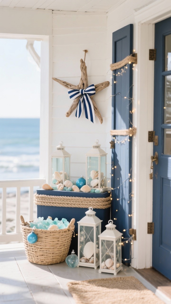 Coastal porch medium shot: a driftwood star hung on the door, paired with navy-and-white striped ribbon; rope accents wrapped around planter rims; lanterns filled with shells and fairy lights emitting soft glow; a wicker basket with pale sea-glass blue ornaments; palette navy, sandy beige, sea glass blue, white; breezy seaside mood with natural daylight; angled from the side for depth.
