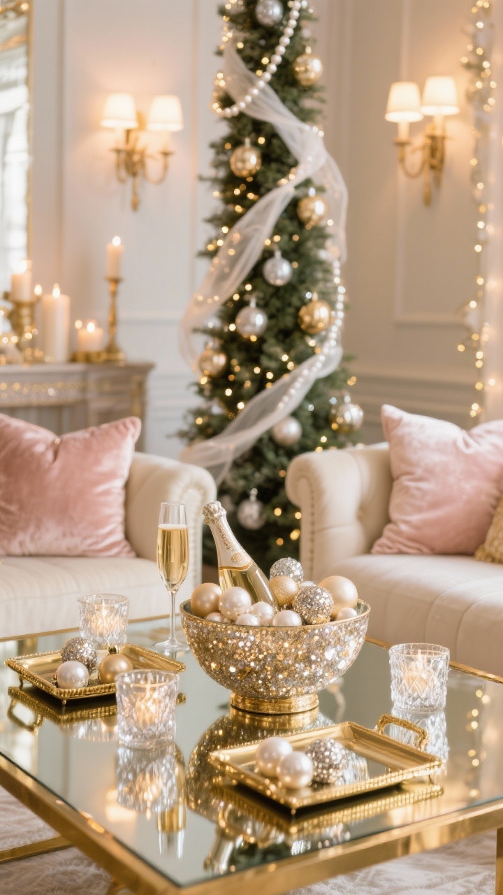 Coffee table detail shot: Gilded champagne glam setting with mirrored trays, crystal votives, and a bowl of shimmering champagne and pearl-toned ornaments; background hints of a tall slim tree dripping in champagne glass ornaments, pearl garlands, and sheer ivory ribbon; blush and cream velvet pillows on a sofa; layered lighting with twinkle lights, dimmed sconces, and candles; brushed gold and a hint of silver accents; luminous, party-ready sparkle.