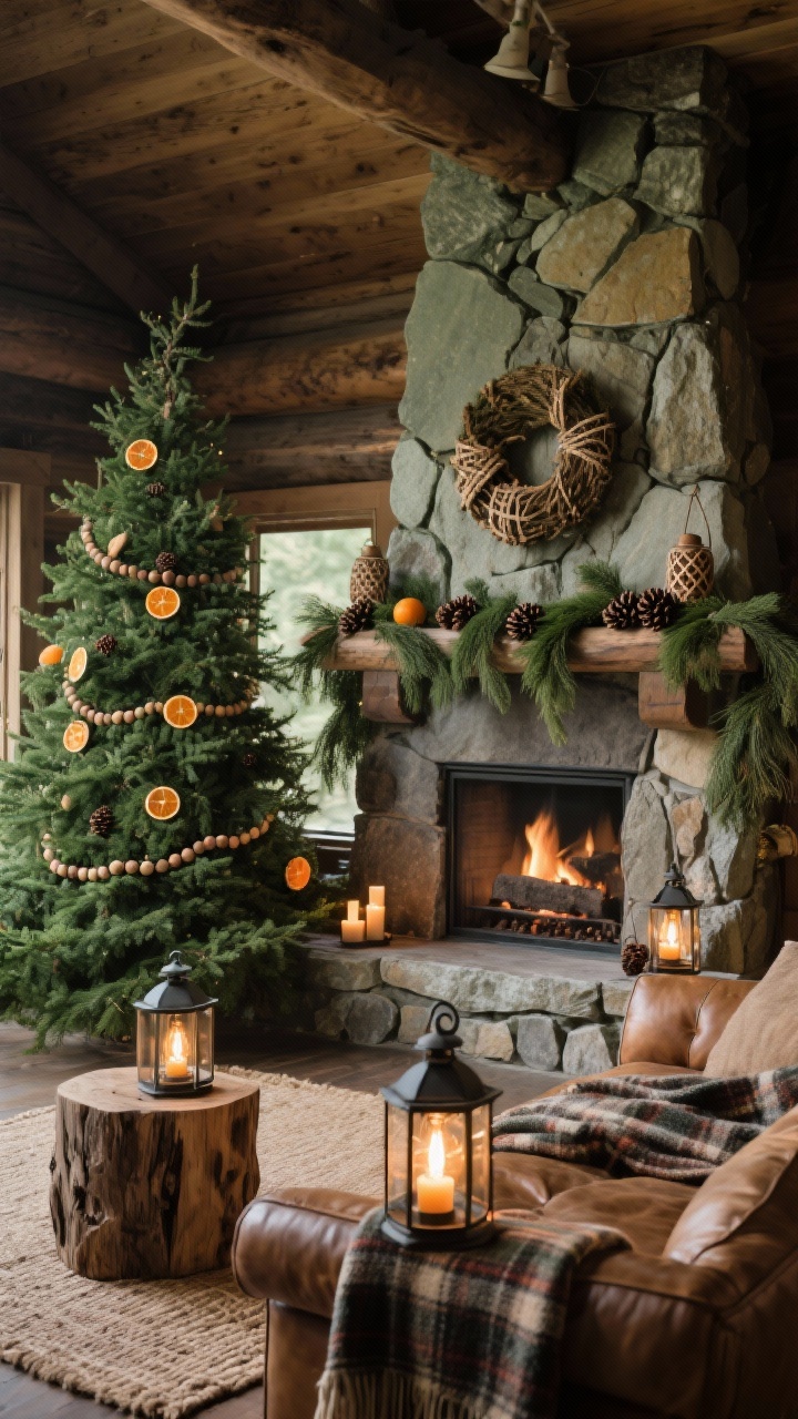 Corner angle medium shot, Cedar & Stone Lodge Living Room: stone fireplace as the anchor, earthy palette of mossy greens and wood tones; full, fragrant tree decorated minimally with wood bead garlands, dried orange slices, and woven ornaments; mantel draped with cedar boughs and pinecones; leather sofa with plaid wool throws over a jute or flatweave rug; iron lanterns and warm Edison bulbs casting cozy light; raw-edge wood or faux stump side tables; subtle cedar/fir candle elements visible; rugged, cabin-cozy mood, no people, photorealistic.