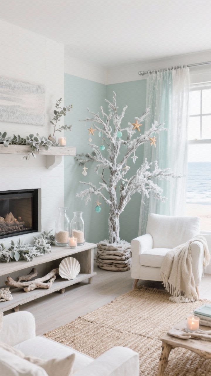 Corner angle medium shot, Coastal Silver Drift Den: airy den with palette of soft sand, seafoam, and silver plus driftwood touches; flocked/frosted tree with silver and sea-glass ornaments; low media console styled with large shell forms, clear vases of sand and tea lights, and a driftwood garland; seating with white/oatmeal slipcovered chairs and a nubby throw; natural sisal or bleached jute rug; mantel/shelf with frosted eucalyptus and tiny starfish tucked in; gauzy curtains at windows; cool, breezy winter-coastal light, photorealistic.