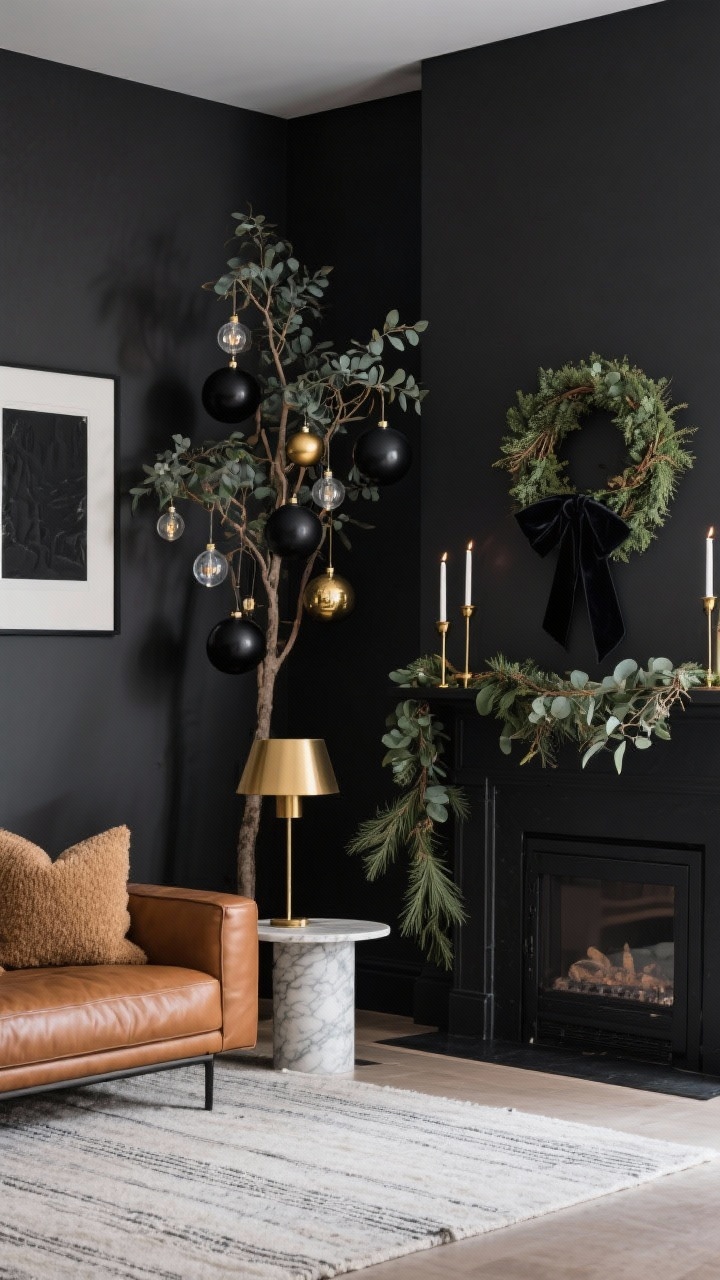 Corner angle medium shot: Modern black, brass, and evergreen living room with a charcoal accent wall; minimalist tree adorned with black matte spheres, brass drop ornaments, and clear glass bulbs; pared-back eucalyptus and cedar asymmetrical mantel garland with black taper candles in slim brass holders; caramel leather low-profile sofa; black-framed art, brass floor lamp, marble side table; thin wool rug and bouclé pillows; a single oversized wreath tied with black velvet ribbon; moody, soft directional lighting.