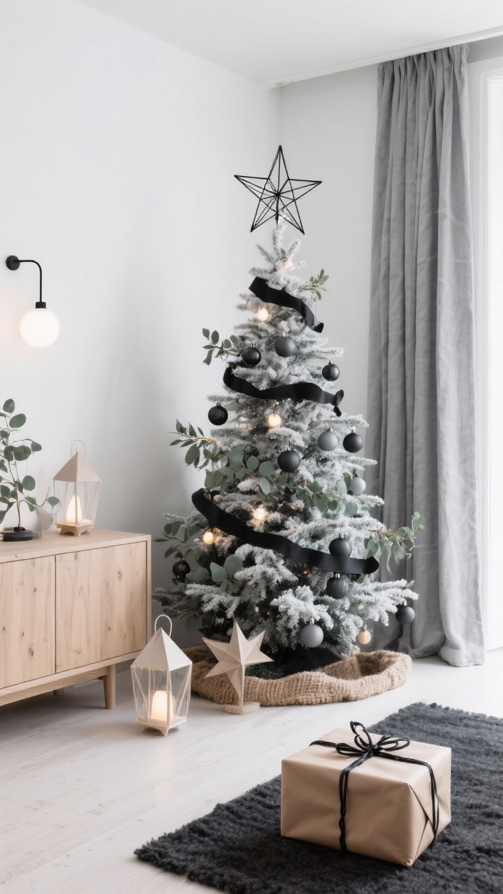 Corner angle medium shot: Nordic minimal flocked tree with crisp black ribbon bands, matte graphite ornaments, and sparse eucalyptus sprigs for contrast; neutral white lights for clarity; wire-frame star topper in matte black; surrounded by a light oak sideboard, paper star lanterns, a jute tree collar, charcoal wool rug, and dove gray linen curtains; minimal wrapping paper (kraft with black twine) under the tree; clean, modern, serene, photorealistic.