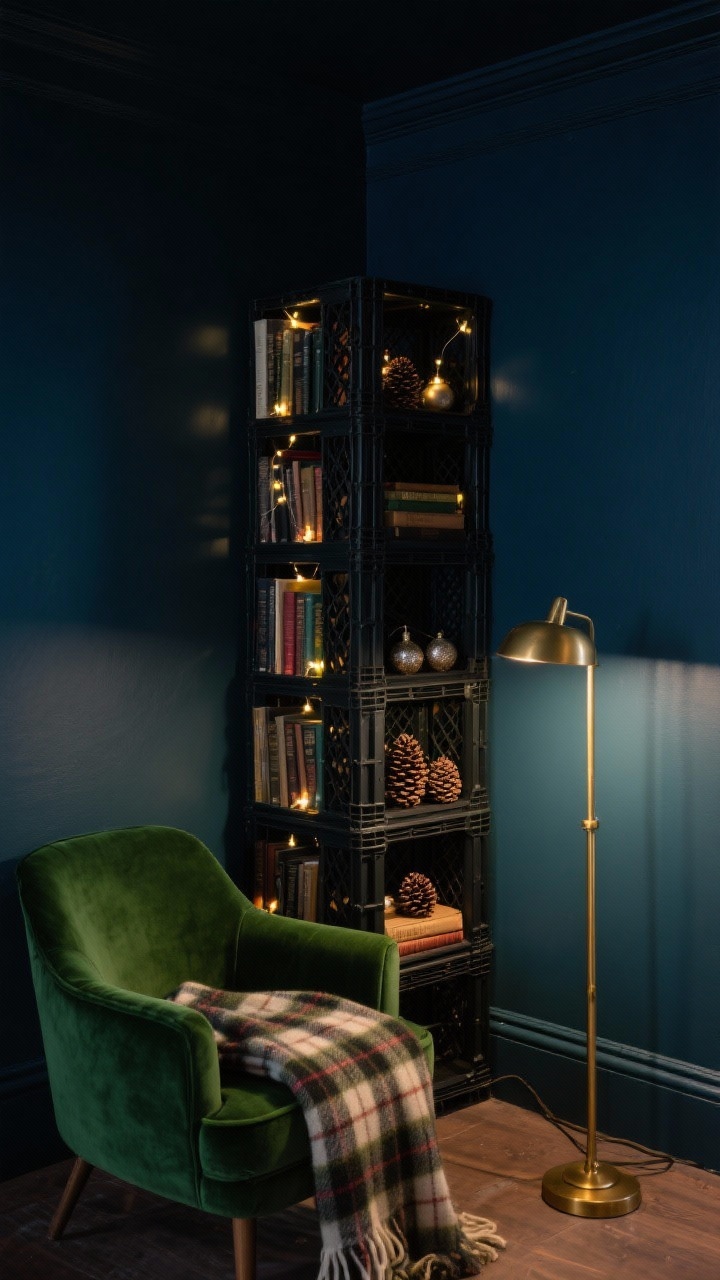 Corner angle medium shot of a moody library nook: accent wall painted deep pine or inky midnight blue. Slim vertical book tower made from stacked black milk crates, alternating vertical and horizontal placements. Hunter-green velvet chair, brass floor lamp, wool plaid throw. Select crate cubbies hold tiny glowing fairy lights, pinecones, and vintage baubles; aged books nearby. Palette: forest green, midnight blue, brass, oxblood. Low, intimate evening lighting with warm highlights on velvet and brass.