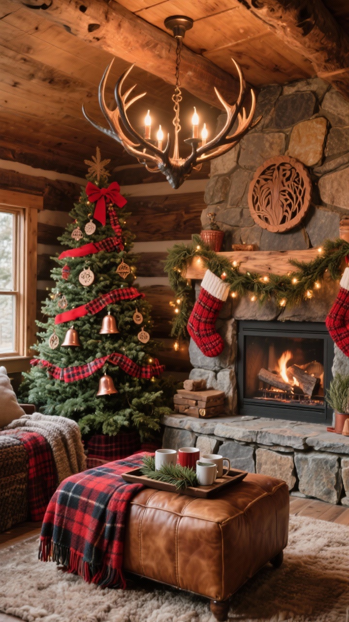 Corner angle medium shot: Woodland cabin with plaid layers—tree trimmed with red plaid ribbon, woodcut ornaments, and copper bells; stone fireplace displaying thick knit stockings and a garland dotted with tiny warm lights; leather ottoman with flannel throw blankets and a tray holding mugs and pine sprigs; colors of red, evergreen, charcoal, and tan; textures of flannel, leather, wool, hammered metal; antler-inspired chandelier overhead; warm, inviting glow.