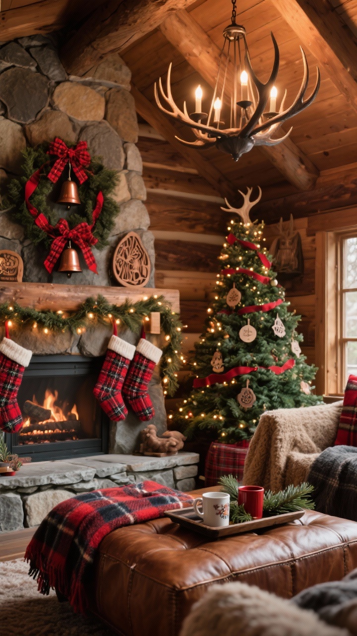 Corner angle medium shot: Woodland cabin with plaid layers—tree trimmed with red plaid ribbon, woodcut ornaments, and copper bells; stone fireplace displaying thick knit stockings and a garland dotted with tiny warm lights; leather ottoman with flannel throw blankets and a tray holding mugs and pine sprigs; colors of red, evergreen, charcoal, and tan; textures of flannel, leather, wool, hammered metal; antler-inspired chandelier overhead; warm, inviting glow.