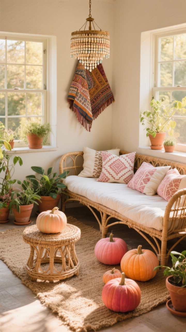 Corner medium shot, boho sunroom: rattan daybed piled with cotton block-print pillows, jute rug, cluster of plants in terra-cotta pots. Dyed ombre pumpkins in sunrise shades—peach to coral to dusty rose—scattered on a low woven stool and along a sunlit window ledge. A beaded chandelier overhead and a folded kantha quilt at the daybed foot. Warm golden-hour light emphasizing rattan, jute, and terra-cotta textures; photorealistic.