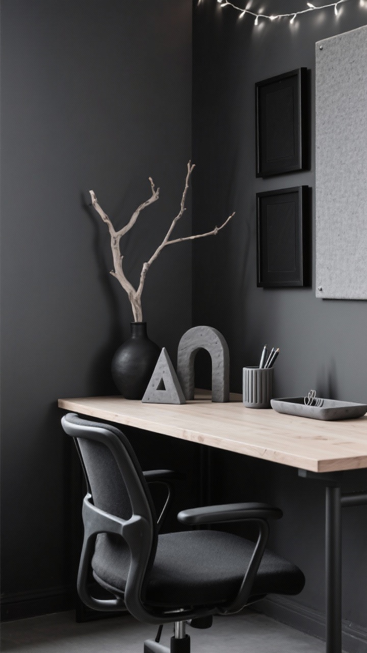 Corner medium shot of a minimalist monochrome office: charcoal walls, clean maple desk, black task chair; sculptural branch in a matte black vase holding graphite-toned clay geometric ornaments (triangles, arches, abstract shapes); carved graphite clay pen cup with linear grooves and a matching tray with inset groove pattern for paperclips; linen pinboard and black picture frames on the wall; cool white fairy lights adding a subtle glow; sleek, shadowed lighting.