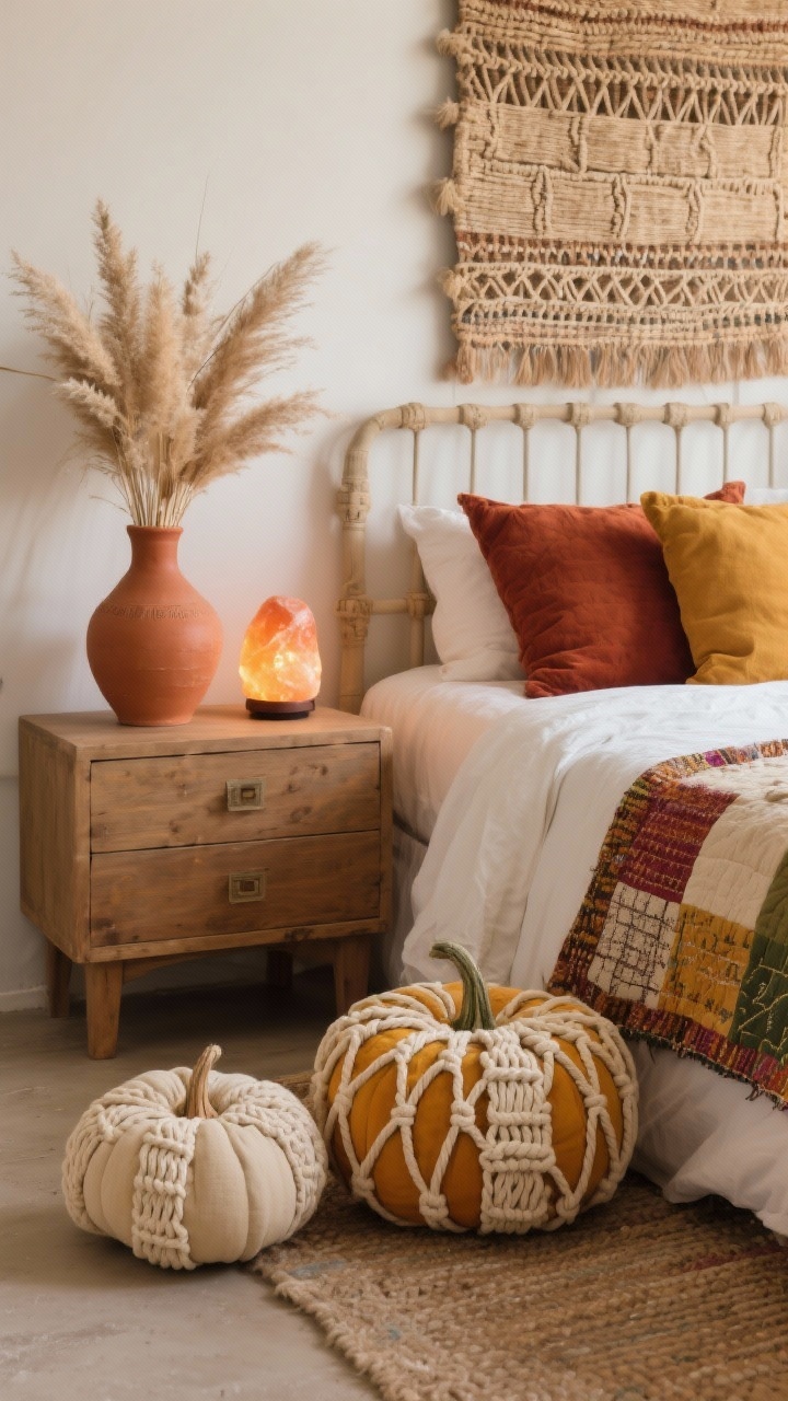 Cozy bedroom corner detail: macramé-covered pumpkins in creamy cotton cord—two on a dresser beside a terracotta vase filled with pampas grass, one tucked on the floor next to a large floor pillow. Bed shows a kantha quilt at the foot, rust and mustard pillows, and a woven wall tapestry above the headboard. A salt lamp emits warm amber glow, highlighting textures of macramé, linen, wool, and terracotta; palette of clay, rust, cream, mustard, and olive.