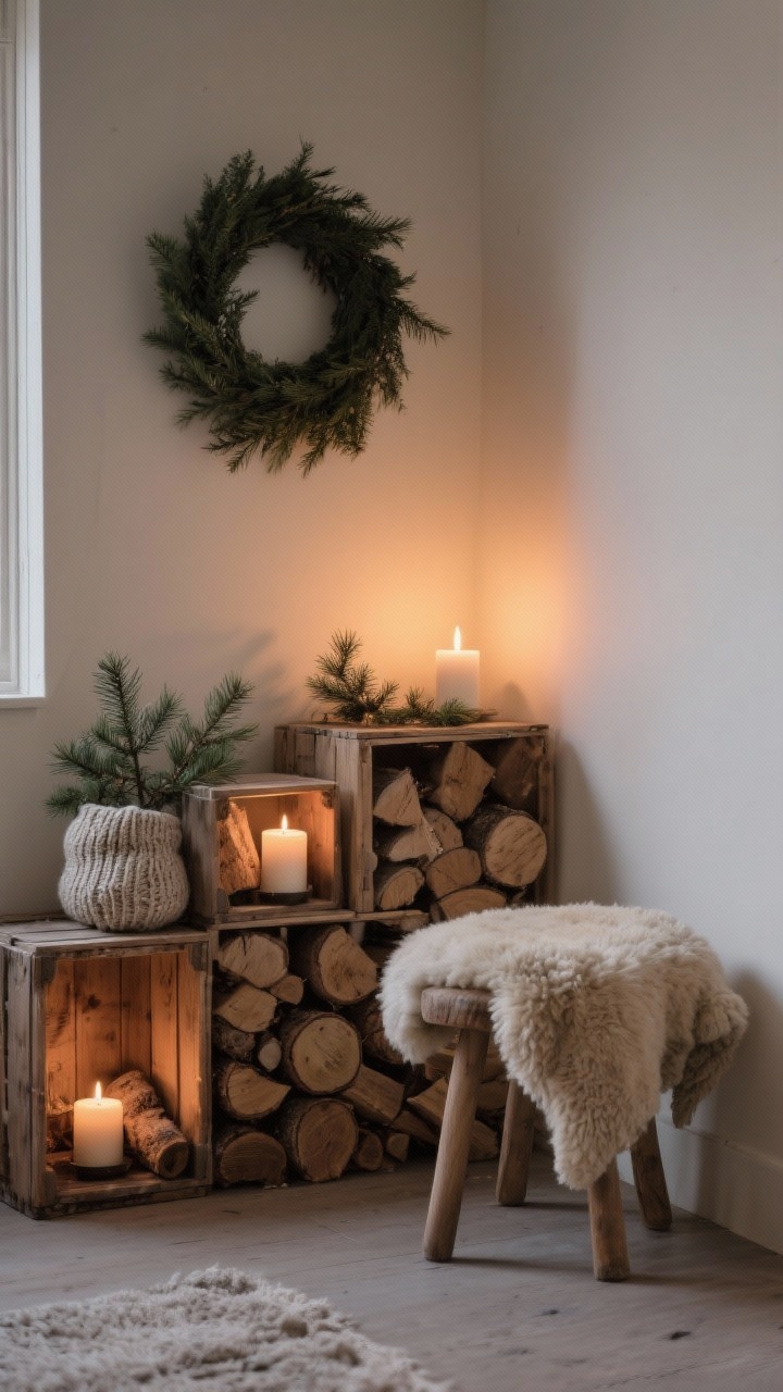Cozy corner detail shot: stacked firewood forming a neat nook; a few wooden crate cubbies inset among the logs holding flameless candles, pine sprigs, and knit textures; a faux sheepskin draped over a simple stool; a minimal evergreen wreath on the wall above; palette cream, taupe, natural wood, evergreen; soft, diffused evening light; intimate closeup focusing on textures.
