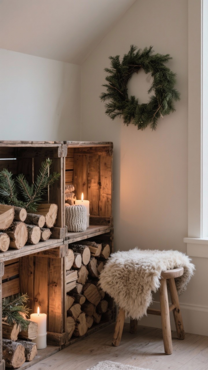 Cozy corner detail shot: stacked firewood forming a neat nook; a few wooden crate cubbies inset among the logs holding flameless candles, pine sprigs, and knit textures; a faux sheepskin draped over a simple stool; a minimal evergreen wreath on the wall above; palette cream, taupe, natural wood, evergreen; soft, diffused evening light; intimate closeup focusing on textures.