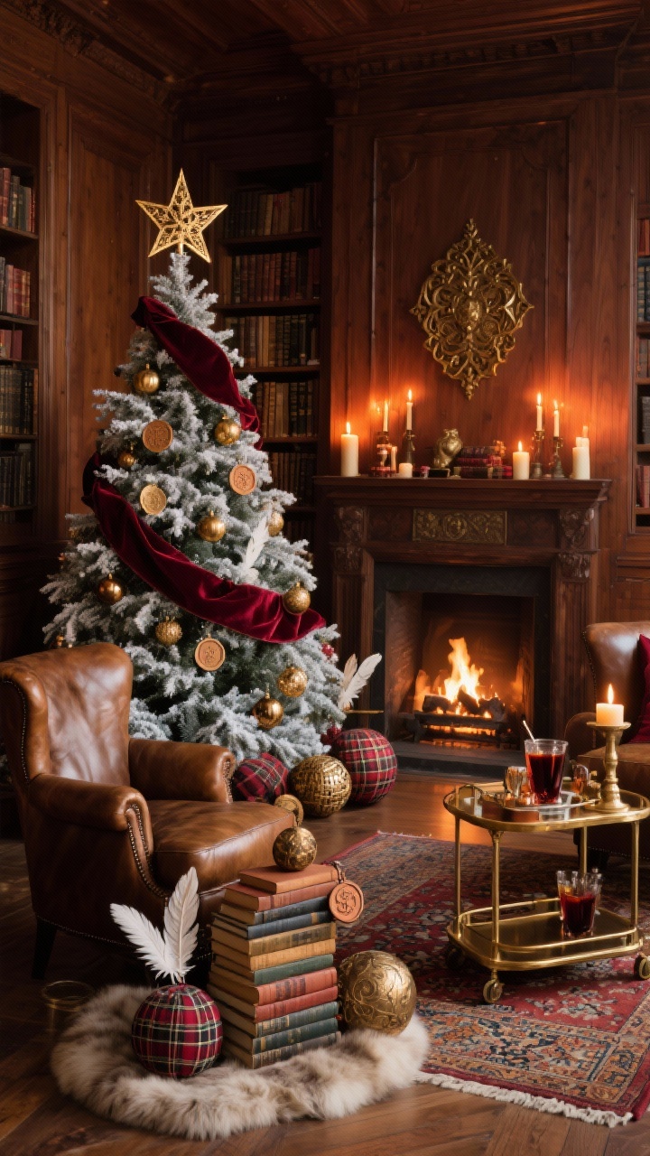 Cozy corner medium shot: Old-world library scene with a flocked tree dressed in deep burgundy velvet ribbon, aged brass ornaments, plaid spheres, feather picks, and wax-seal tags; warm amber lights for a fireside glow; antiqued brass crown or filigree star topper; flanked by leather club chairs, a Persian-style rug, stacks of classic novels, a faux fur tree skirt, and a brass bar cart ready with mulled wine; rich wood paneling, candlelit ambiance, photorealistic.