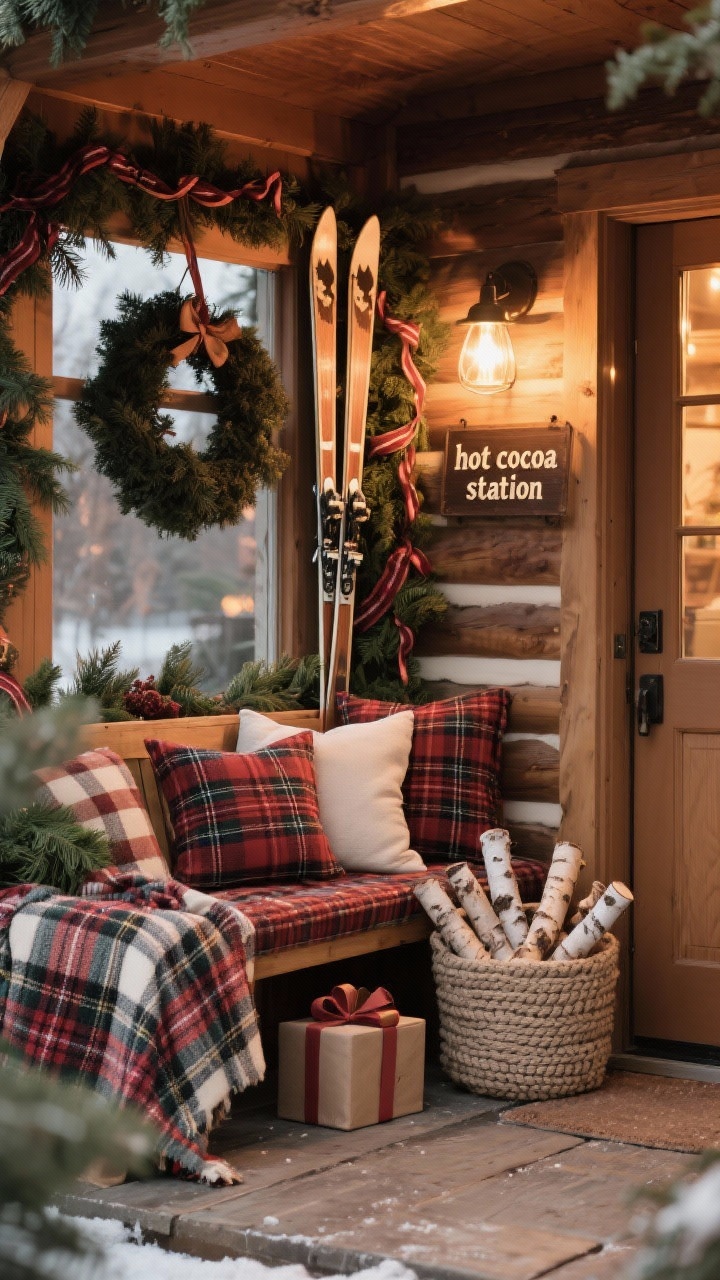 Cozy medium shot of a plaid lodge porch corner: heavy use of buffalo check—plaid ribbon woven through greenery, plaid throw pillows on a bench, plaid-wrapped gift props by the door—warm, subtle lights, a pair of skis crossed above a deep pine wreath, and a chunky knit basket filled with birch logs; a small “hot cocoa station” sign completing the lodge fantasy.