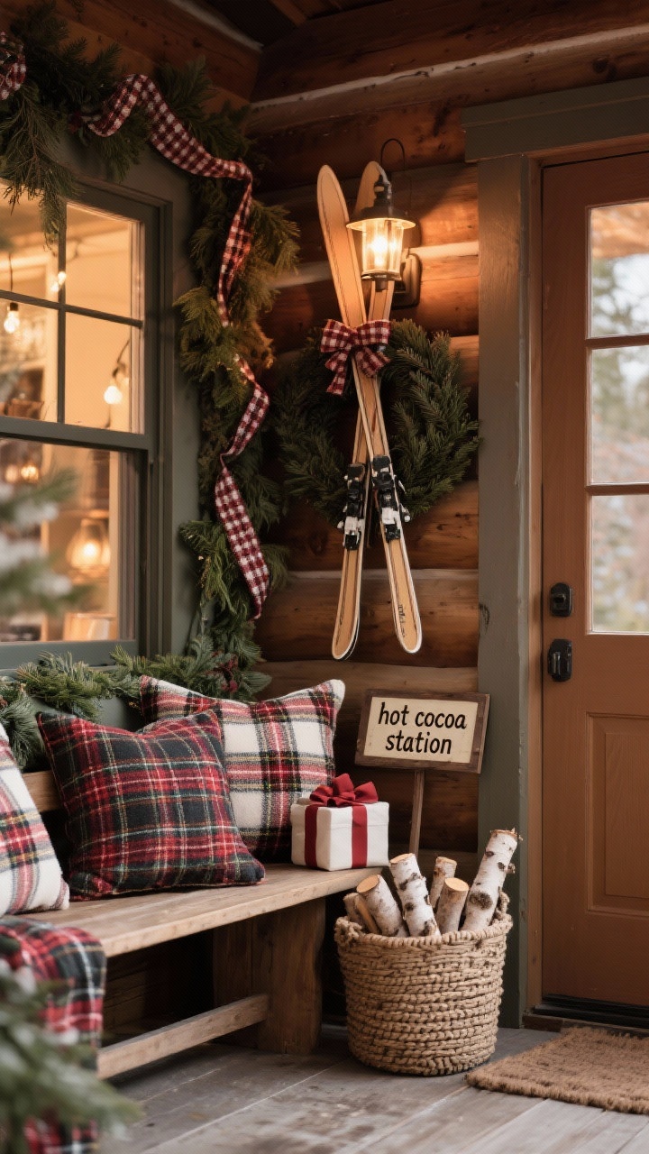 Cozy medium shot of a plaid lodge porch corner: heavy use of buffalo check—plaid ribbon woven through greenery, plaid throw pillows on a bench, plaid-wrapped gift props by the door—warm, subtle lights, a pair of skis crossed above a deep pine wreath, and a chunky knit basket filled with birch logs; a small “hot cocoa station” sign completing the lodge fantasy.