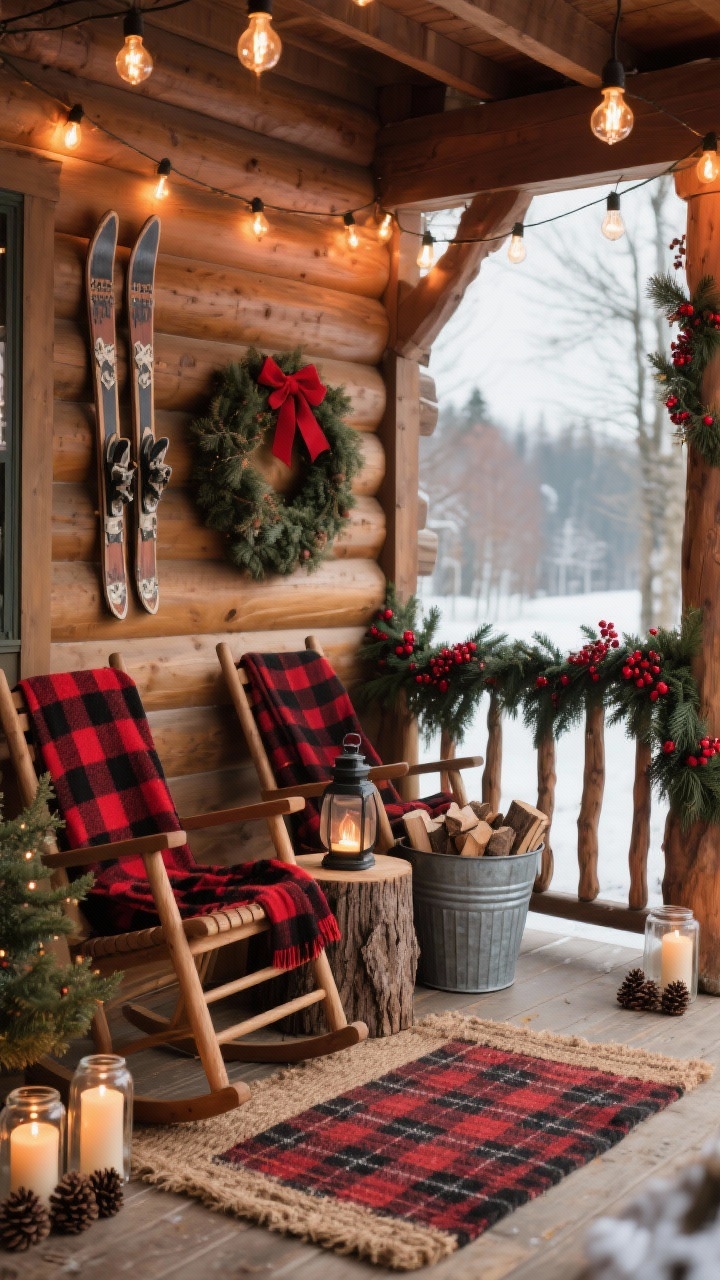 Cozy porch medium shot, seated-eye level: Cabin porch layered with a buffalo plaid rug under a coir mat. Two wooden rocking chairs with red-and-black plaid throws, a stump side table topped with a lantern. Thick cedar garland draped along the railing with red berry clusters. Vintage skis or snowshoes mounted on the wall, galvanized bucket filled with logs. Edison-style string lights overhead cast a warm glow; pillar candles in hurricane jars on the floor. A pinecone-heavy wreath with red ribbon and a small pre-lit tree in a galvanized tub complete the scene. Palette: black and red plaid, evergreen, natural wood. Photorealistic, warm and inviting.