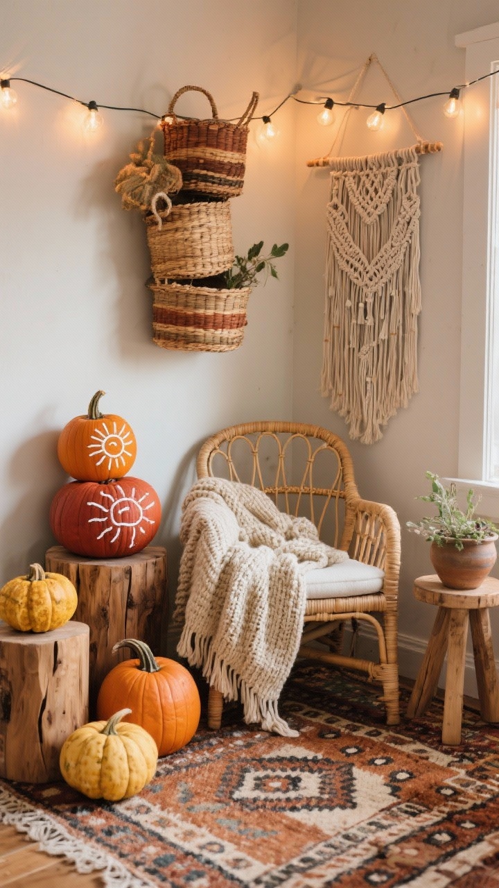 Cozy reading nook, Boho Harvest: corner angle showing rattan chairs with a chunky knit throw, a macramé wall hanging, stacked woven baskets; terracotta, rust, and mustard pumpkins decorated with white hand-drawn line art (sunbursts, squiggles, dots); kilim rug underfoot; pumpkins grouped at varying heights on wood stools and ceramic planters; materials include rattan, jute, unfinished wood; warm string lights softly glowing; earthy, artisanal vibe, no people.