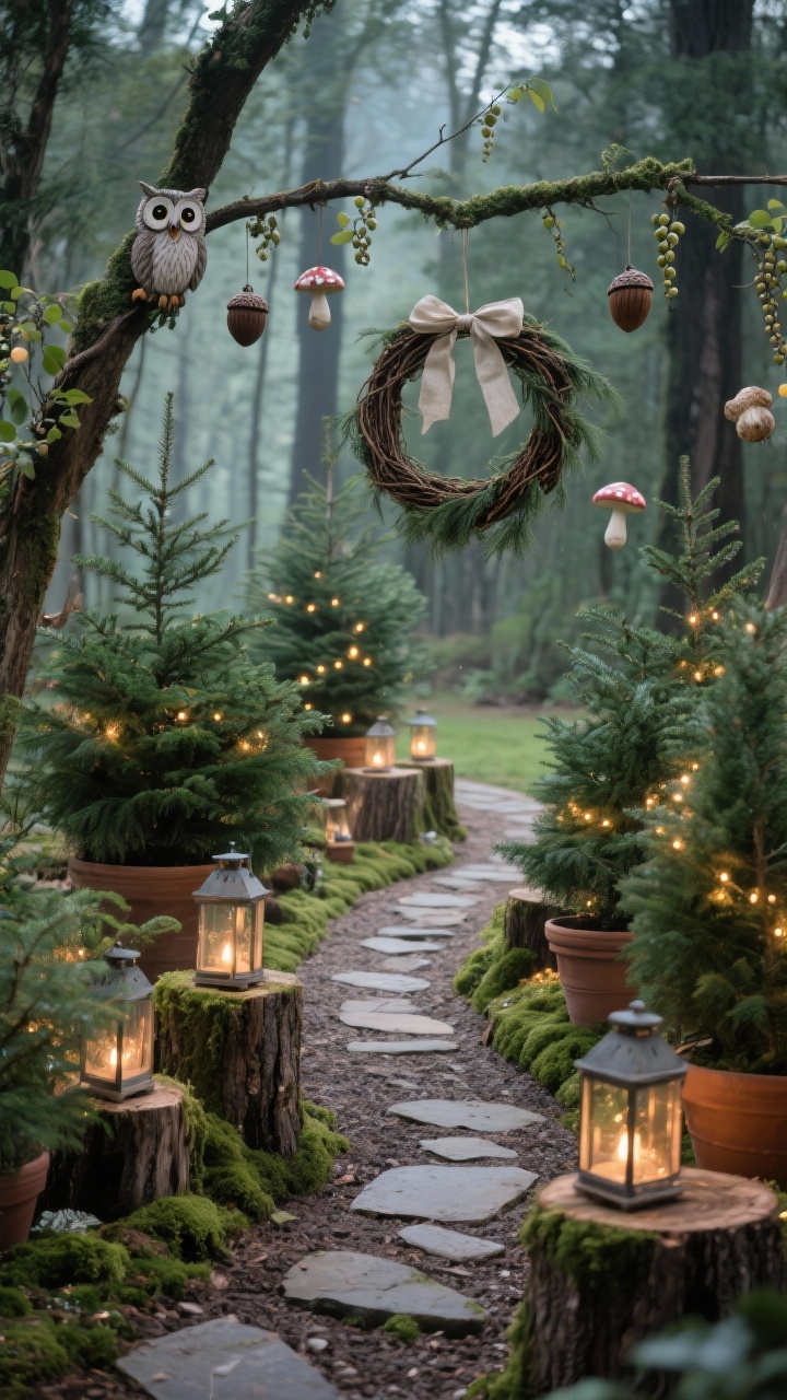 Curving, ground-level walkway shot of an enchanted woodland yard: clusters of potted evergreens in varied heights woven with warm fairy lights and moss at their bases, a winding stone or mulch path flanked by stump pedestals topped with tiny lanterns, delicate woodland ornaments—owls, acorns, mushrooms—hanging from low branches, and a natural grapevine wreath with cedar sprigs and a linen bow; magical forest mood.