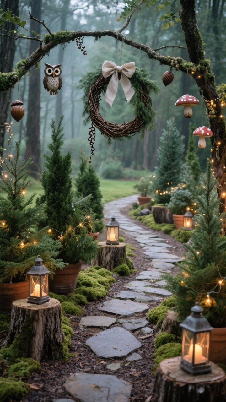 Curving, ground-level walkway shot of an enchanted woodland yard: clusters of potted evergreens in varied heights woven with warm fairy lights and moss at their bases, a winding stone or mulch path flanked by stump pedestals topped with tiny lanterns, delicate woodland ornaments—owls, acorns, mushrooms—hanging from low branches, and a natural grapevine wreath with cedar sprigs and a linen bow; magical forest mood.