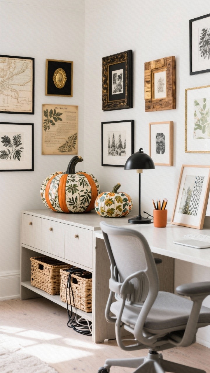 Desk-level medium shot: An eclectic home office with a clean-lined desk and ergonomic chair facing a gallery wall of mixed frames (modern black, vintage gold, quirky wood); on the credenza, decoupaged pumpkins wrapped in patterned papers—botanicals, old maps, black-and-white toile—with one oversized pumpkin as a sculptural focal point; a matte black task lamp, terracotta pencil cup, and a couple of leaning art prints; layered neutrals with pops of pattern; lidded baskets for cord management; bright natural work light, photorealistic.