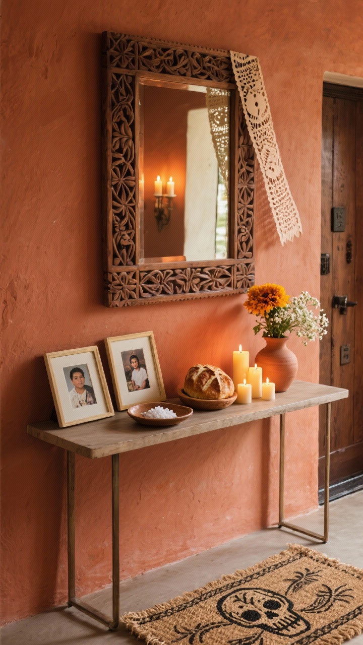 Detail closeup — Ancestral Glow Entryway: A slim console table against a warm terracotta wall with a carved wood mirror above reflecting soft candlelight. On the console: framed family photos, a shallow dish of salt, a small bowl of pan de muerto, marigold and baby’s breath in a clay vase, and clusters of votives at different heights. A single strand of papel picado draped across the mirror corner. Lower frame hints of a woven jute runner and a hand-painted skull doormat. Soft, flickering light creating a serene, grateful mood; shallow depth of field, photorealistic.