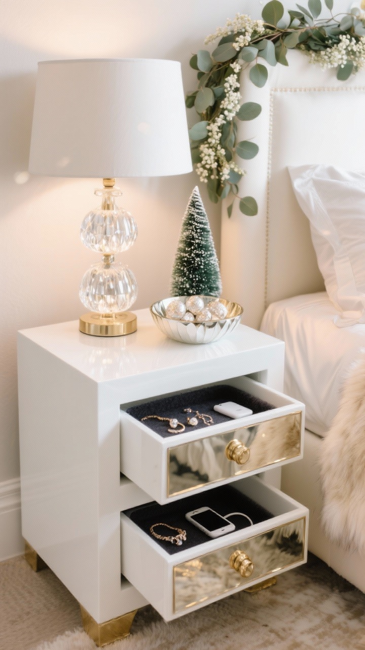 Detail closeup bedside vignette in a glam bedroom: two lacquered white crates wrapped in mirrored adhesive film stacked as a nightstand. Glass lamp atop, crystal ornaments in a bowl catching soft reflections. Felt-lined tray inside the top crate holding jewelry and chargers. Background hints of ivory sateen bedding with a faux fur throw, eucalyptus-and-baby’s-breath garland over the headboard, and a small flocked mini tree on the adjacent crate. Palette: ivory, champagne, soft gold, evergreen. Soft, luxe glow with delicate reflections and bokeh highlights.