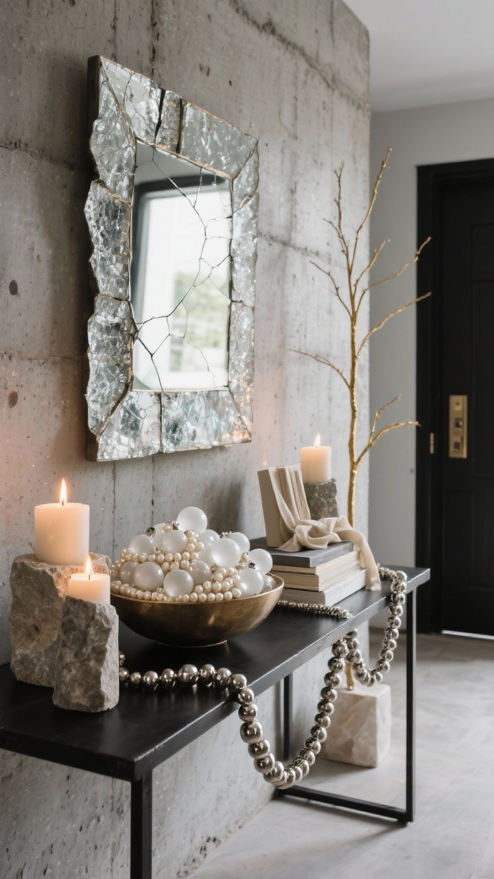 Detail closeup — Brutalist Glam Hall vignette: Raw concrete wall backdrop with a black steel console; champagne-metallic garlands draped elegantly, milky-white frosted glass ornaments piled in a bowl like pearls; chunky stone candle holders with warm flames, calcite bookends, linen ribbon accents, and a cracked-ice framed mirror catching soft reflections; a glimpse of a slender brushed-gold pencil tree in the background; palette of concrete gray, matte black, champagne, and alabaster; refined, diffused entryway light.