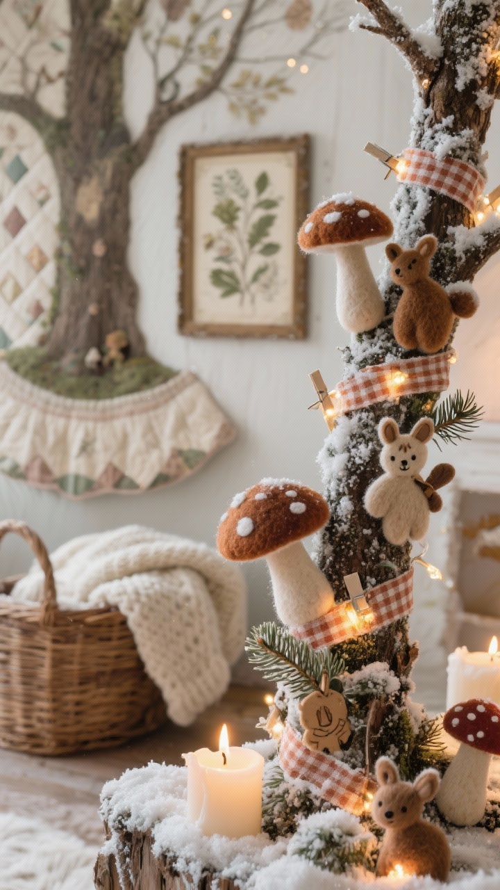 Detail closeup: Cottagecore woodland vignette on a flocked branch showing felt mushrooms, tiny woodland animal ornaments, and gingham ribbon woven between snowy needles; warm micro-lights twinkling with a few clip-on candle lights for romance; soft-focus background hints of a quilted tree skirt, wicker basket with knit blankets, and vintage framed botanicals; cozy, whimsical, storybook mood, photorealistic macro texture of felt and flocking.