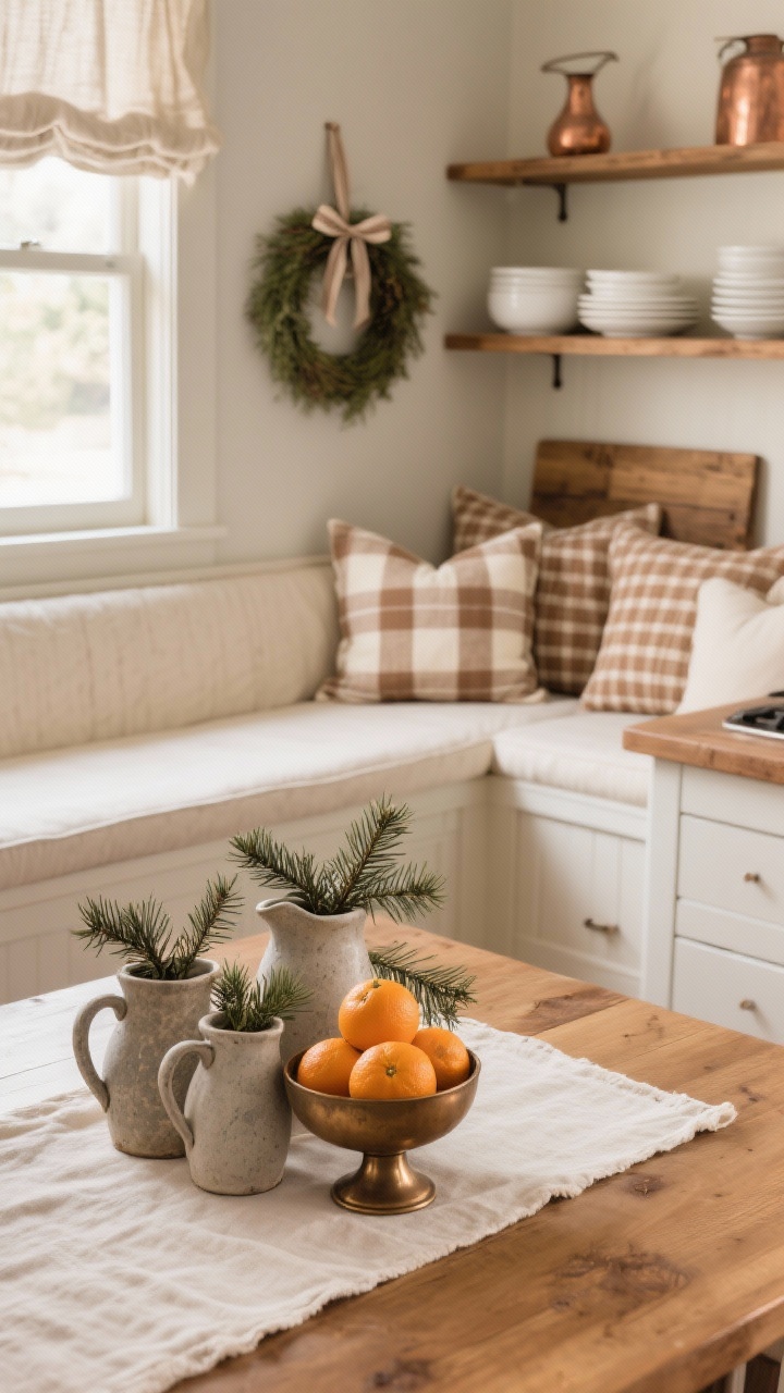 Detail closeup, Cozy Caramel Kitchen Nook: built-in bench with cream cushions and brown/ivory plaid pillows; tabletop detail of a linen runner with a cluster of stoneware pitchers holding fresh cedar sprigs and a bronze pedestal bowl filled with clementines; warm wood tones and caramel accents; background hints of simple linen cafe curtain with a small wreath hung by ribbon; open shelves with white dishes, wood boards, and a few copper pieces; soft morning kitchen light, photorealistic.