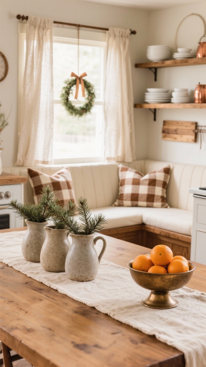 Detail closeup, Cozy Caramel Kitchen Nook: built-in bench with cream cushions and brown/ivory plaid pillows; tabletop detail of a linen runner with a cluster of stoneware pitchers holding fresh cedar sprigs and a bronze pedestal bowl filled with clementines; warm wood tones and caramel accents; background hints of simple linen cafe curtain with a small wreath hung by ribbon; open shelves with white dishes, wood boards, and a few copper pieces; soft morning kitchen light, photorealistic.