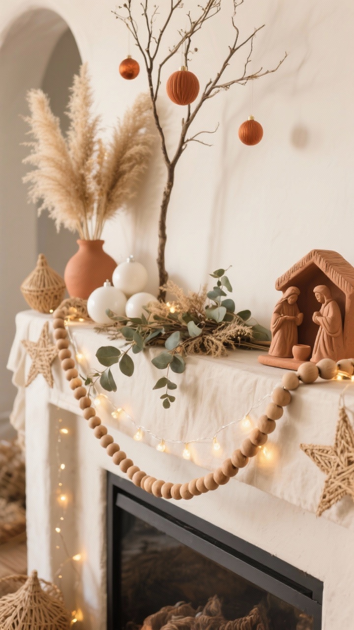 Detail closeup: Desert-neutral holiday glow mantel scene with dried pampas and eucalyptus, a string of wooden beads draped across, and a clay nativity set off to the side; warm micro-lights woven through dried stems; palette of camel, oat, ivory, and terracotta; materials of clay, raffia, linen, and raw wood; background hint of a skinny sparse tree with terracotta ornaments, matte white baubles, and raffia stars; sun-washed, earthy mood.