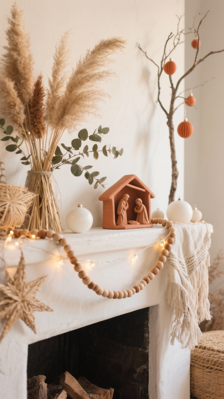 Detail closeup: Desert-neutral holiday glow mantel scene with dried pampas and eucalyptus, a string of wooden beads draped across, and a clay nativity set off to the side; warm micro-lights woven through dried stems; palette of camel, oat, ivory, and terracotta; materials of clay, raffia, linen, and raw wood; background hint of a skinny sparse tree with terracotta ornaments, matte white baubles, and raffia stars; sun-washed, earthy mood.