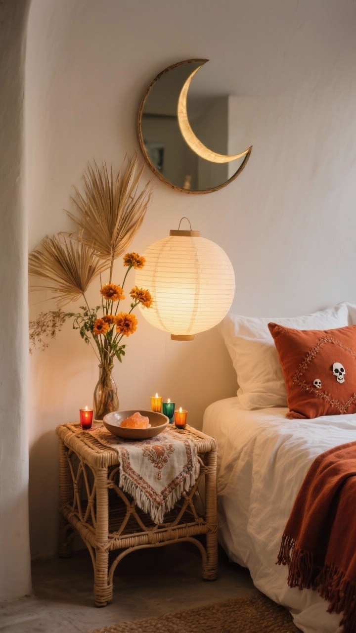 Detail closeup, intimate bedroom niche: a rattan side table used as a low altar, layered with a vintage textile, a ceramic dish of copal resin, and small colored-glass votives. Above, a crescent moon mirror and a cluster of dried palm fronds and marigolds create a dreamy silhouette. Soft paper lantern glow spills over creamy linen bedding with a rust throw and embroidered pillows with tiny skull motifs visible at the edge of frame. Palette: cream, rust, terracotta, soft gold. Moody, diffused evening light.