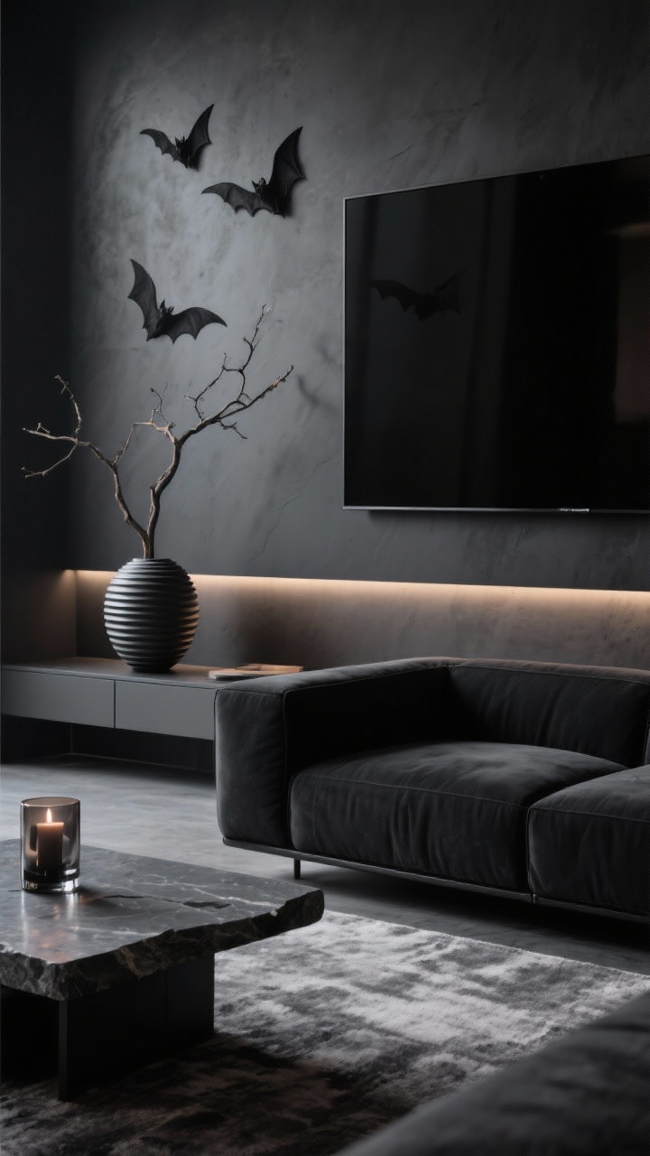Detail closeup, matte black iPhone wallpaper with subtle charcoal bats in flight on the wall behind a minimalist setup; edge of a low-profile black sofa, slate stone coffee table corner, graphite area rug texture; ribbed ceramic vase and smoked glass candleholder creating reflections; hidden recessed LED strip glow behind a media console, single dramatic branch arrangement partially in frame; color palette charcoal, black, graphite, smoked bronze; moody, photorealistic.
