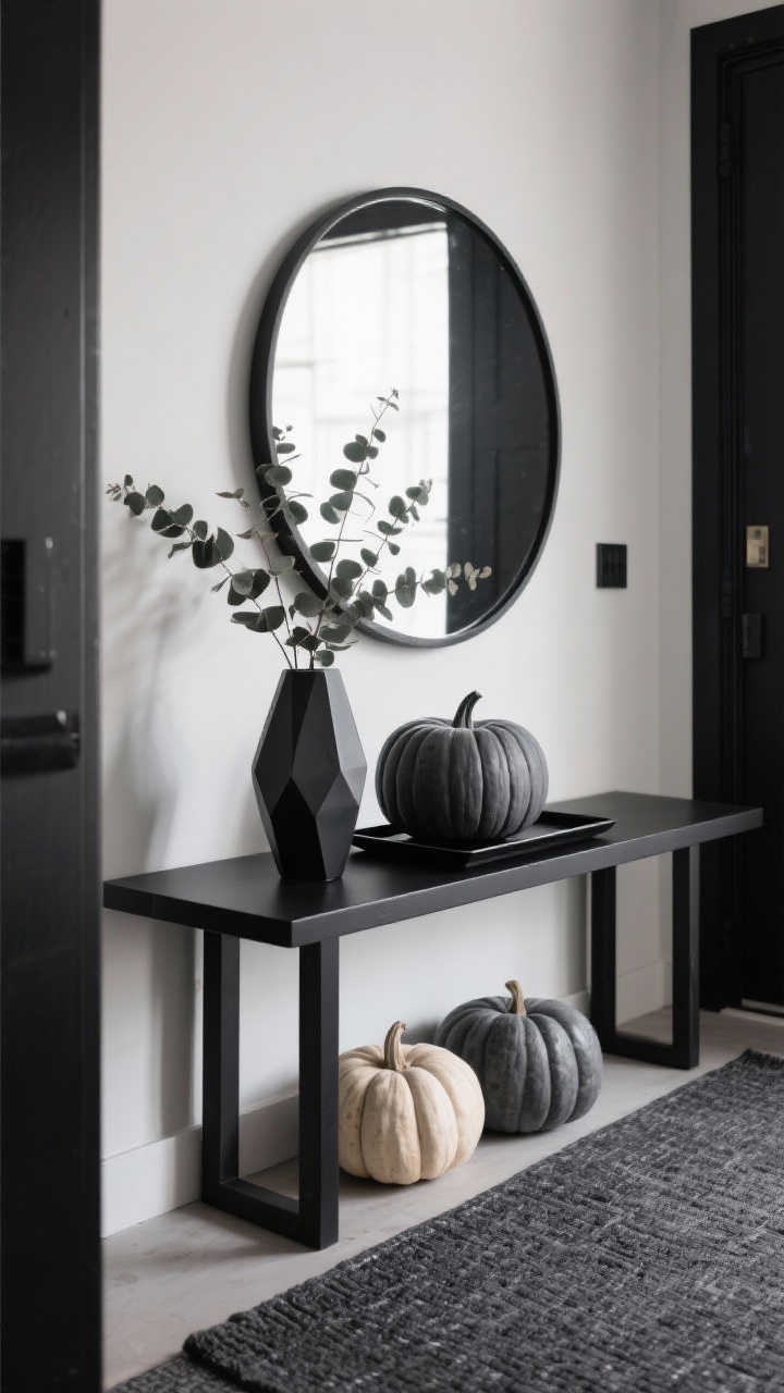 Detail closeup, Moody Modern Entryway: straight-on vignette of a matte black console with a matte black tray, a sculptural faceted vase holding eucalyptus, and a single oversized pumpkin painted graphite; smaller pumpkins in slate and bone nearby to show monochrome palette; large round black-framed mirror reflecting a white or putty wall; textured charcoal runner at the bottom edge; mix of matte and satin finishes visible; crisp, urban lighting, no people.