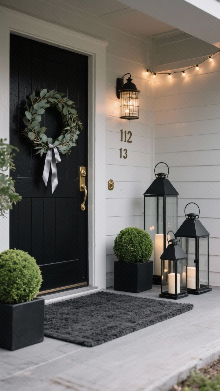 Detail closeup of modern monochrome elements on a porch: matte black door surface with subtle texture; minimal eucalyptus hoop wreath with a single silk ribbon drop; black metal lanterns in three sizes on a charcoal outdoor rug; boxwood spheres in square black planters; brushed brass door hardware and house numbers catching warm light; warm white caged string lights softly glowing in the background; palette of black, deep green, brass, and charcoal, photorealistic.