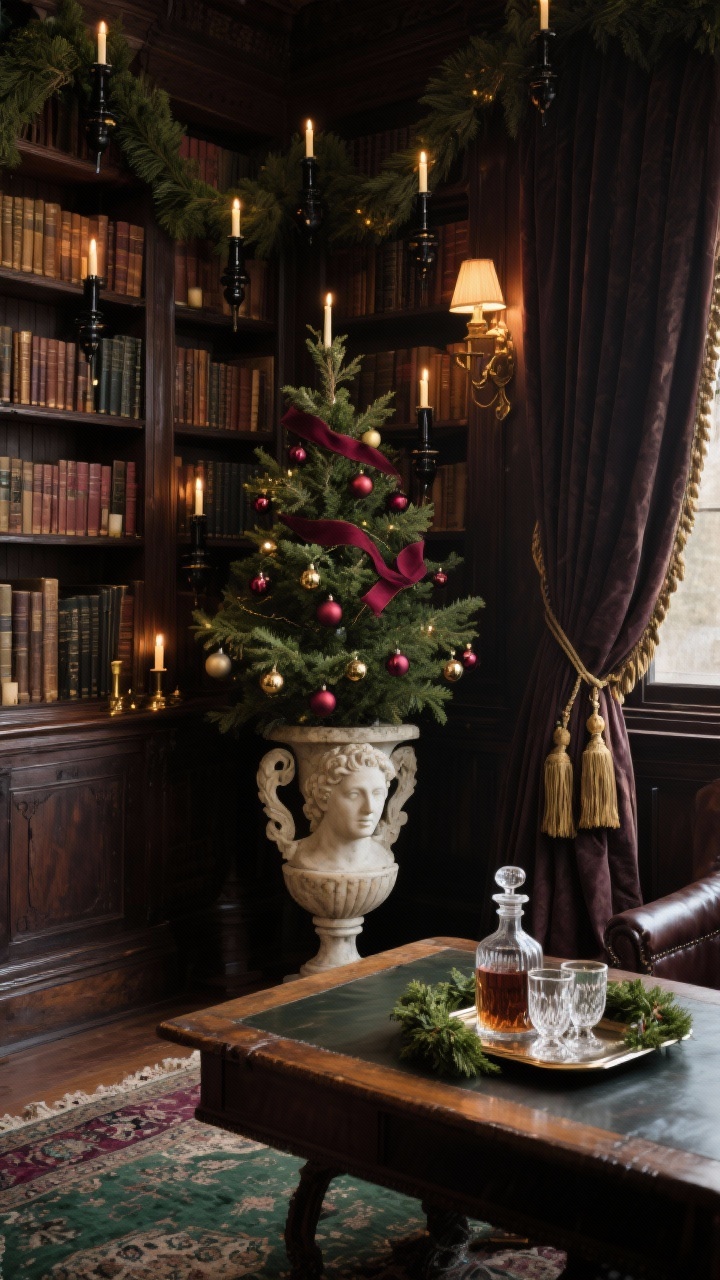 Detail closeup, Old-World European Library: dark wood built-ins packed with books, shelves draped with simple cedar garlands and clusters of brass and black taper holders; a smaller Christmas tree set in an aged urn decorated with deep burgundy ribbon, glass baubles, and tiny LED clip-on candles; on a leather-topped desk, a marble bust wearing a boxwood laurel and a tray with a decanter and crystal tumblers; worn oriental rug with deep greens and wine tones partially visible; heavy drapes tied back with tassels; warm, library lamplight glow, photorealistic.
