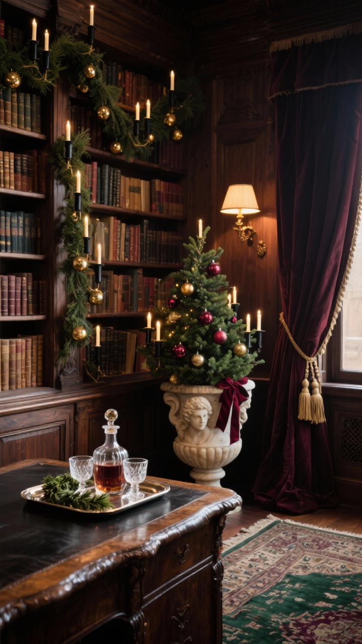 Detail closeup, Old-World European Library: dark wood built-ins packed with books, shelves draped with simple cedar garlands and clusters of brass and black taper holders; a smaller Christmas tree set in an aged urn decorated with deep burgundy ribbon, glass baubles, and tiny LED clip-on candles; on a leather-topped desk, a marble bust wearing a boxwood laurel and a tray with a decanter and crystal tumblers; worn oriental rug with deep greens and wine tones partially visible; heavy drapes tied back with tassels; warm, library lamplight glow, photorealistic.