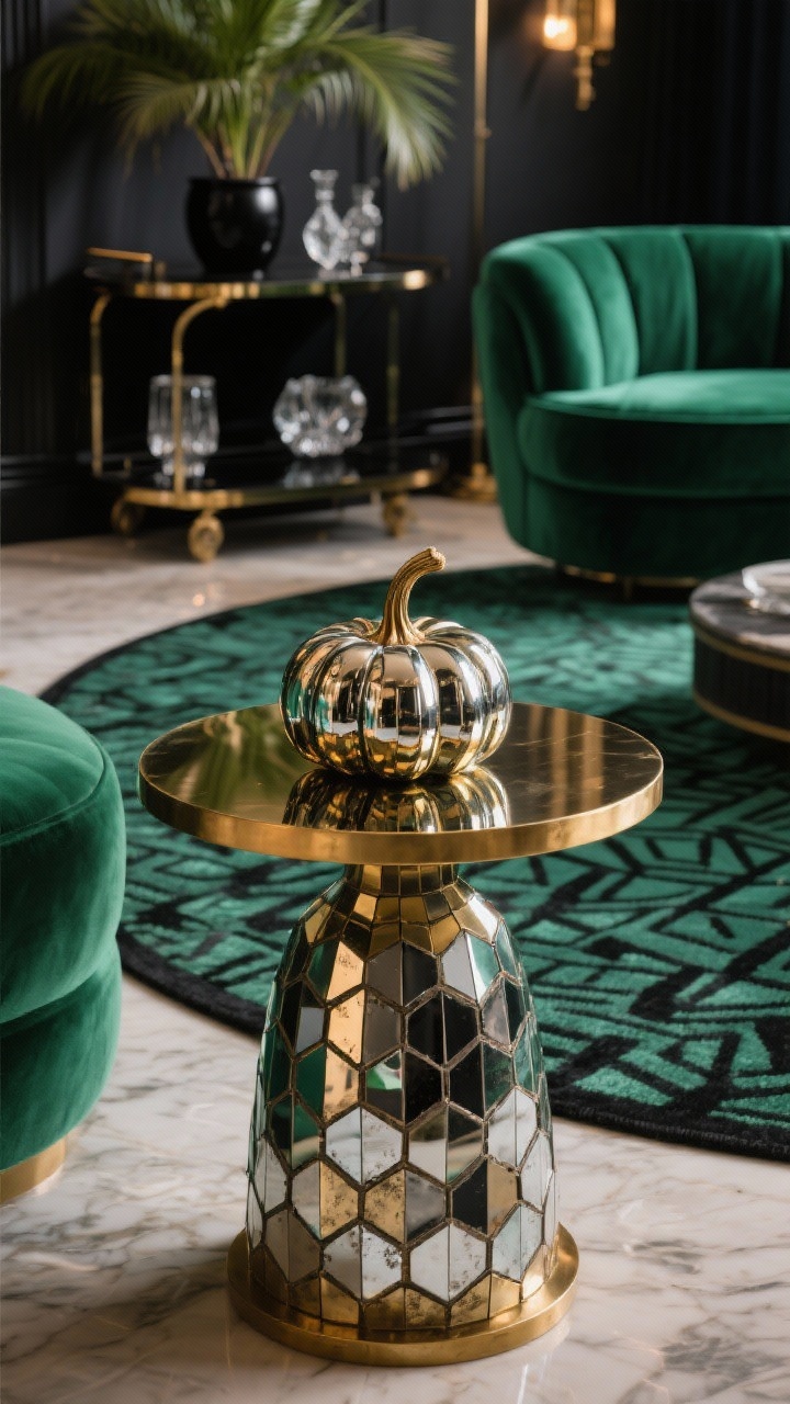 Detail closeup on a brass side table in an Art-Deco lounge: tiny antiqued mirror mosaic tiles wrapping mirrored pumpkins seamlessly, reflecting smoky glints. In the blurred background, a curved emerald velvet sofa and a glossy black bar cart with cut crystal and a black planter with a palm, plus a round rug with bold geometric pattern. Jewel-tone palette of emerald, black, brass, smoky mirror; moody ambient lighting with highlights, photorealistic.