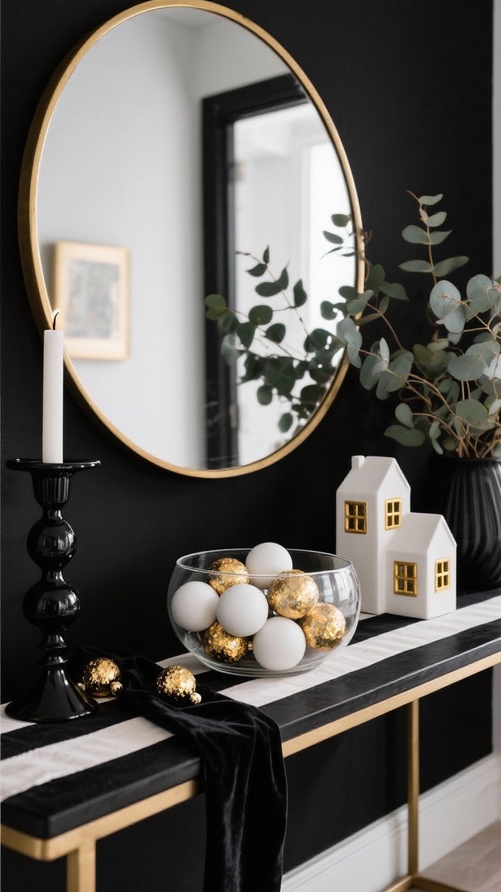 Detail closeup on a modern glam entryway console: dramatic black-and-white setting with a round statement mirror reflecting a striped runner; glass bowl filled with gilded clay baubles—matte white spheres half-dipped in gold leaf—plus a velvet ribbon strand with a few baubles draped over a glossy black candlestick; tiny matte white clay house village with gold-painted windows on the console; eucalyptus stems; high-contrast lighting with subtle highlights on gold.