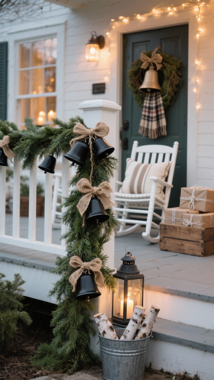 Detail closeup, straight-on crop: Sleigh Bells Farmhouse railing with thick fresh cedar garland dotted with matte black bells and twine bows; texture of greenery and jute fibers sharply rendered. In the soft-focus background, white rocking chairs with grain-sack stripe pillows, a wooden crate filled with wrapped parcel boxes, and metal buckets with cut birch. On the door behind, a plaid-scarf-accented wreath and a jute-wrapped bell wreath subtly visible. Soft warm string lights and window candle lights glow; lanterns rest by the steps. Palette: evergreen, matte black, cream, natural jute. Photorealistic, gentle farmhouse charm at dusk.