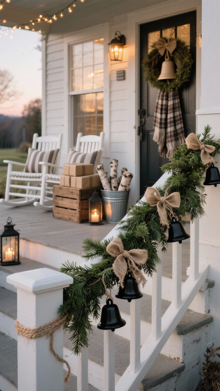 Detail closeup, straight-on crop: Sleigh Bells Farmhouse railing with thick fresh cedar garland dotted with matte black bells and twine bows; texture of greenery and jute fibers sharply rendered. In the soft-focus background, white rocking chairs with grain-sack stripe pillows, a wooden crate filled with wrapped parcel boxes, and metal buckets with cut birch. On the door behind, a plaid-scarf-accented wreath and a jute-wrapped bell wreath subtly visible. Soft warm string lights and window candle lights glow; lanterns rest by the steps. Palette: evergreen, matte black, cream, natural jute. Photorealistic, gentle farmhouse charm at dusk.