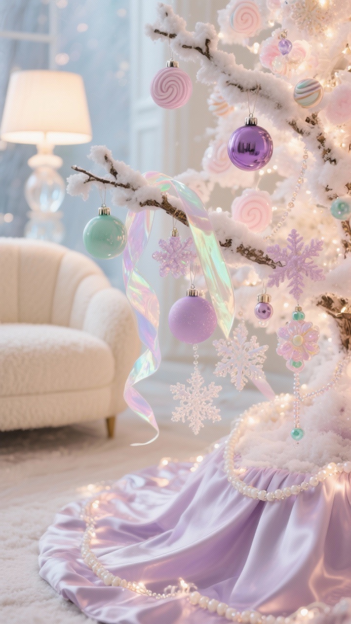 Detail closeup: Sugarplum pastel fantasy on a flocked branch with blush, lilac, and mint ornaments, iridescent ribbon catching the light like spun sugar, delicate glass sweets, and beaded snowflakes; layered warm-white and pastel twinkle strands creating a dreamy sparkle; soft bokeh background of a satin tree skirt puddling, opal glass lamp glow, curved cream sofa and bouclé chair; ethereal, joyful, photorealistic.