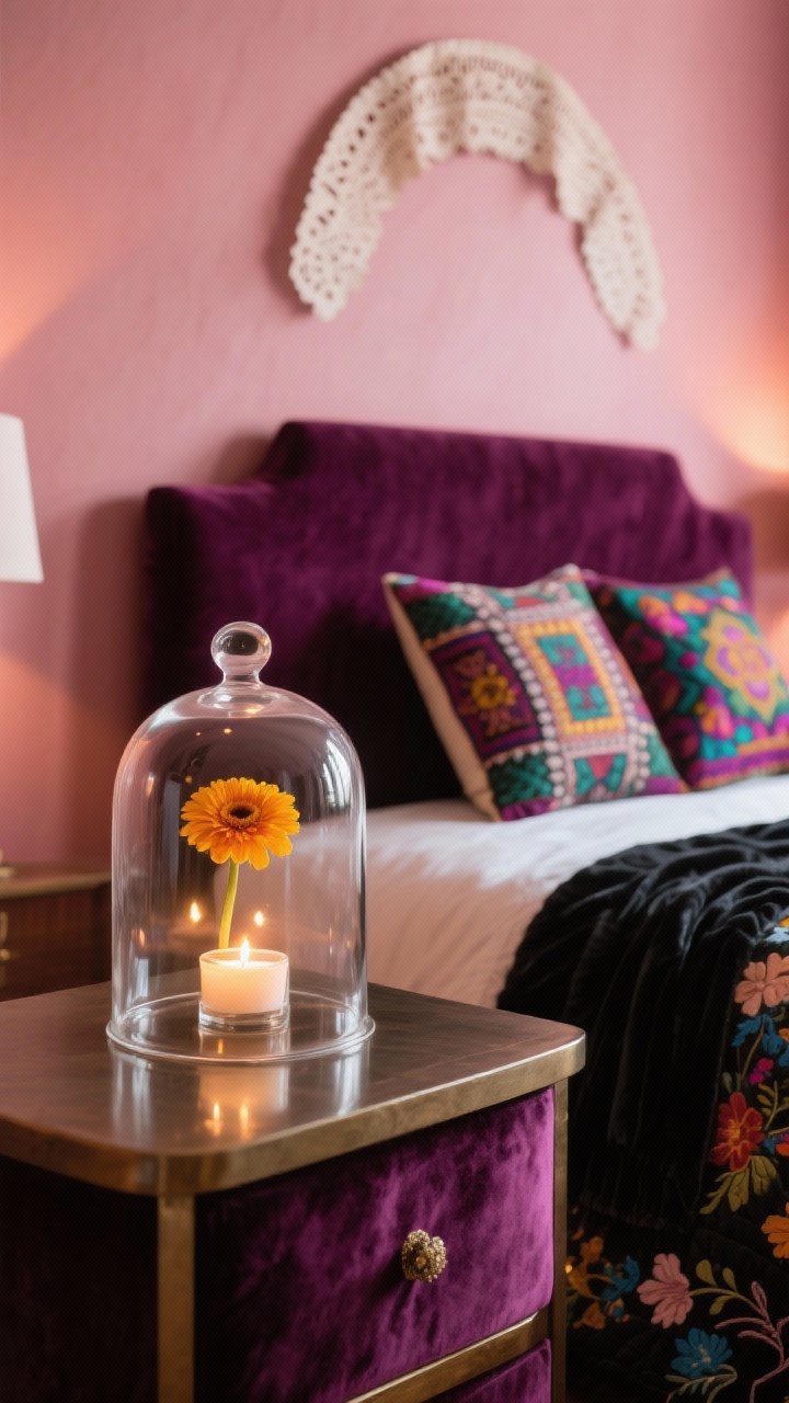 Detail closeup — Velvet & Votive Bedroom Sanctuary: The top of a nightstand beside a deep plum headboard against a rose-tinted wall. A glass cloche covering a single marigold bloom with a flickering LED votive inside, soft reflections on the glass. In the blurred background, embroidered Otomi pillows in jewel tones on the bed, a black velvet throw and hints of a floral quilt, with a delicate arch of papel picado above. Gentle, moody bedside lighting emphasizing rich textures, photorealistic.