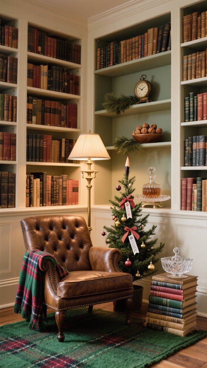 Detail-oriented medium shot of a library nook at a three-quarter angle: floor-to-ceiling bookcases, tufted leather chair, brass pharmacy lamp. Tartan throw over the arm, wool rug in hunter green and oxblood. Small pencil tree in the corner decorated with mini ornaments, ribbon bookmarks, and tiny bells. Shelves styled with tucked sprigs of cedar, a bowl of walnuts, a vintage clock, and a decanter tray with cut crystal beside a stack of classic novels. Warm, intimate lamplight, photorealistic.