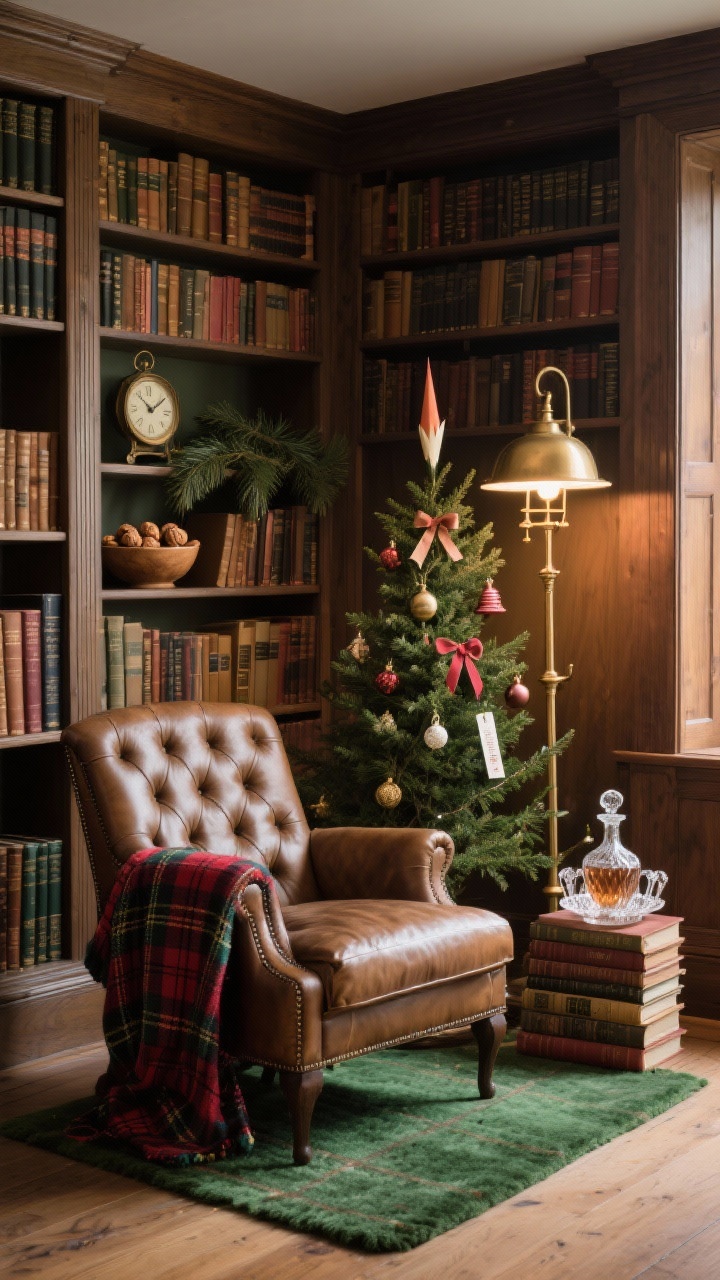 Detail-oriented medium shot of a library nook at a three-quarter angle: floor-to-ceiling bookcases, tufted leather chair, brass pharmacy lamp. Tartan throw over the arm, wool rug in hunter green and oxblood. Small pencil tree in the corner decorated with mini ornaments, ribbon bookmarks, and tiny bells. Shelves styled with tucked sprigs of cedar, a bowl of walnuts, a vintage clock, and a decanter tray with cut crystal beside a stack of classic novels. Warm, intimate lamplight, photorealistic.