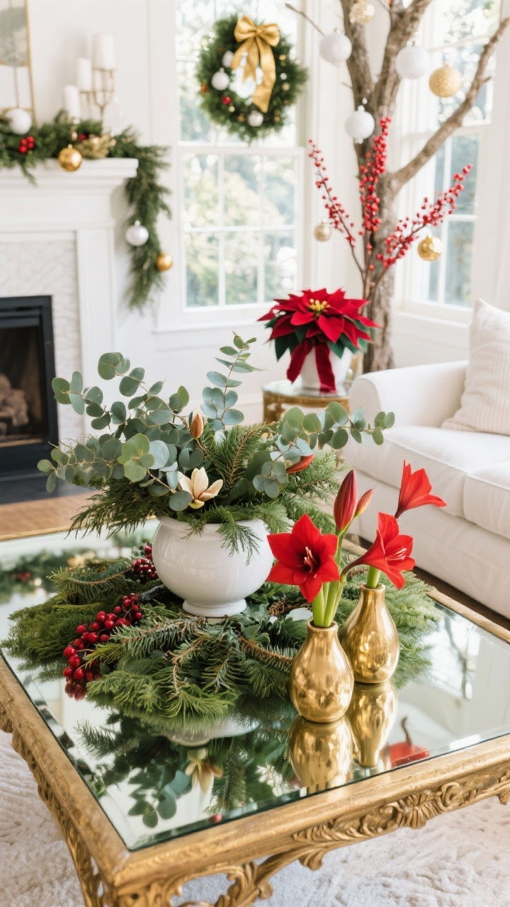 Detail/overhead coffee table and greenery composition: antique gold coffee table surface with white linen sofa edge visible; lush eucalyptus, cedar, and magnolia foliage interspersed with vivid red amaryllis in gold vases; reflections in glass; background hints of a tree with white and gold ornaments, red berry stems, and velvet ribbon; windows framed with wreaths hung on gold ribbon; a live poinsettia in a white ceramic pot near the fireplace; clean white, natural greens, berry red, warm gold; linen, ceramic, glass, live foliage; bright, fresh daylight.