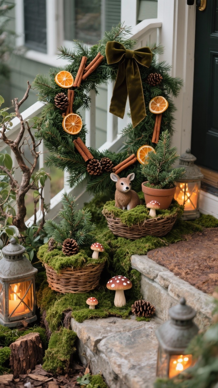 Detail overhead shot of natural woodland styling on a porch step: fresh cedar garland woven with dried orange slices, cinnamon sticks, and pinecones; mossy baskets holding miniature potted evergreens; tiny wood mushrooms and a small woodland animal figurine tucked into greenery; a hint of a twig-and-moss wreath with velvet hunter ribbon at the edge of frame; stoneware lanterns emitting soft amber LEDs hidden in the foliage; palette of moss, bark brown, cinnamon, and deep green, photorealistic.